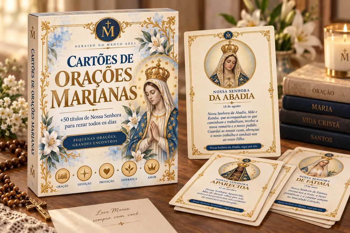 Caixa dos Cartões de Orações Marianas, com alguns cartões ao lado